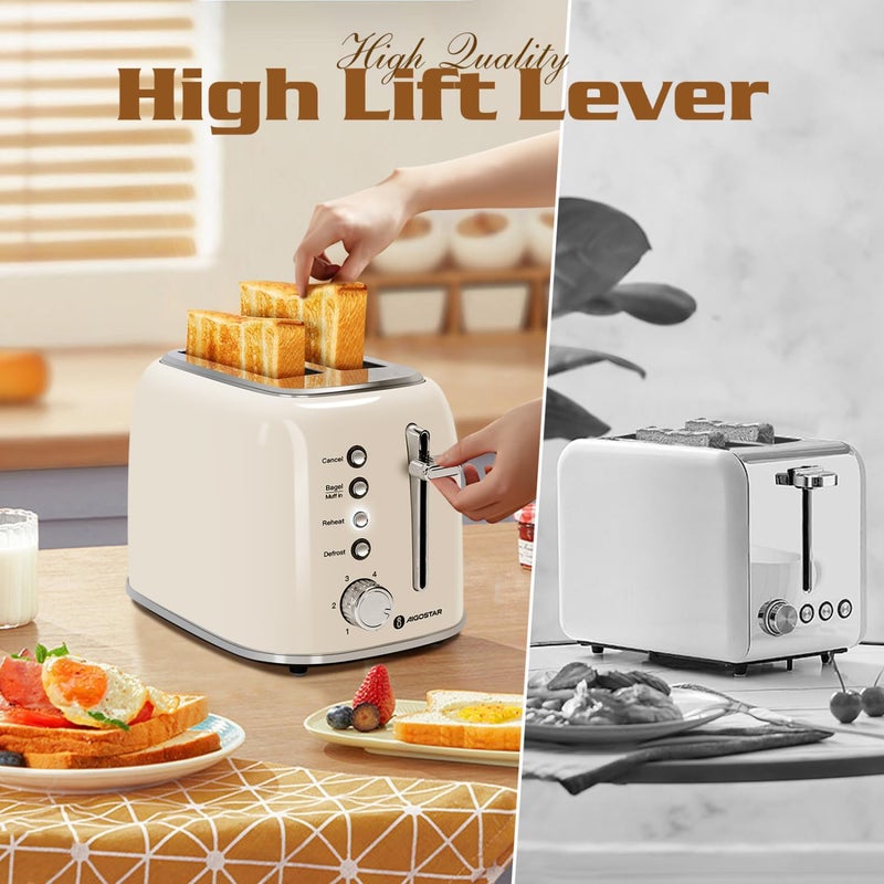 Aigostar Toaster 2 Slice, Retro Extra-Wide Slot Toasters Best Rated Prime for Toasting Bagels, Breads, Waffles & More, Cancel, Defrost & 6 Browning, Removable Crumb Tray, Stainless Steel, Cream White - Image 5